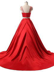 Chiffon Dress, Red Two Pieces Satin Long Prom Dress, Red Satin Formal Evening Dress