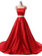 Ethereal Dress, Red Two Pieces Satin Long Prom Dress, Red Satin Formal Evening Dress