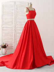 Party Dresses Classy, Red Two Pieces Satin Long Prom Dress Simple Red Evening Dress