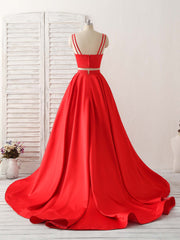 Party Dresses For 23 Year Olds, Red Two Pieces Satin Long Prom Dress Simple Red Evening Dress