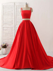 Party Dressed Short, Red Two Pieces Satin Long Prom Dress Simple Red Evening Dress