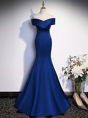 Evening Dress For Wedding Guest, Royal Blue Mermaid Satin Long Prom Dress, Off Shoulder Blue Evening Dress
