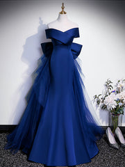 Evening Dresses For Weddings Guest, Royal Blue Mermaid Satin Long Prom Dress, Off Shoulder Blue Evening Dress