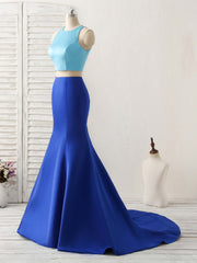 Party Dresses Europe, Royal Blue Two Pieces Satin Long Prom Dress, Blue Evening Dress