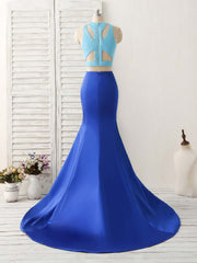 Party Dresses Summer, Royal Blue Two Pieces Satin Long Prom Dress, Blue Evening Dress