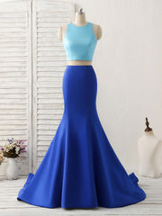 Party Dress Europe, Royal Blue Two Pieces Satin Long Prom Dress, Blue Evening Dress